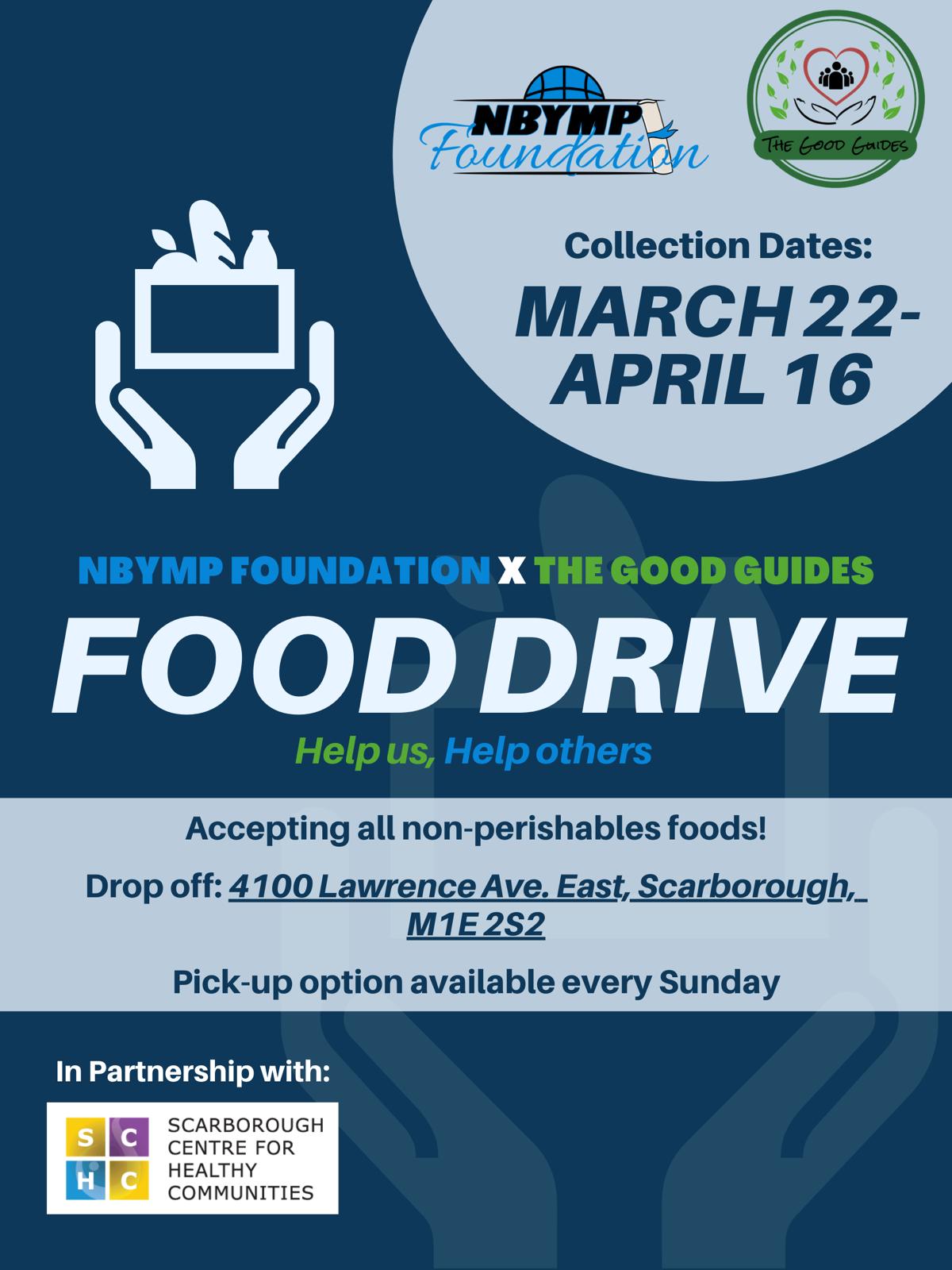 An infographic introducing the NBYMP Foundation Food Drive